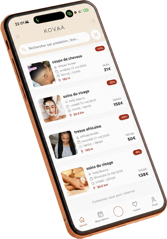 Interface de l'application Kovaa affichant des créneaux beauté disponibles à prix réduit en dernière minute